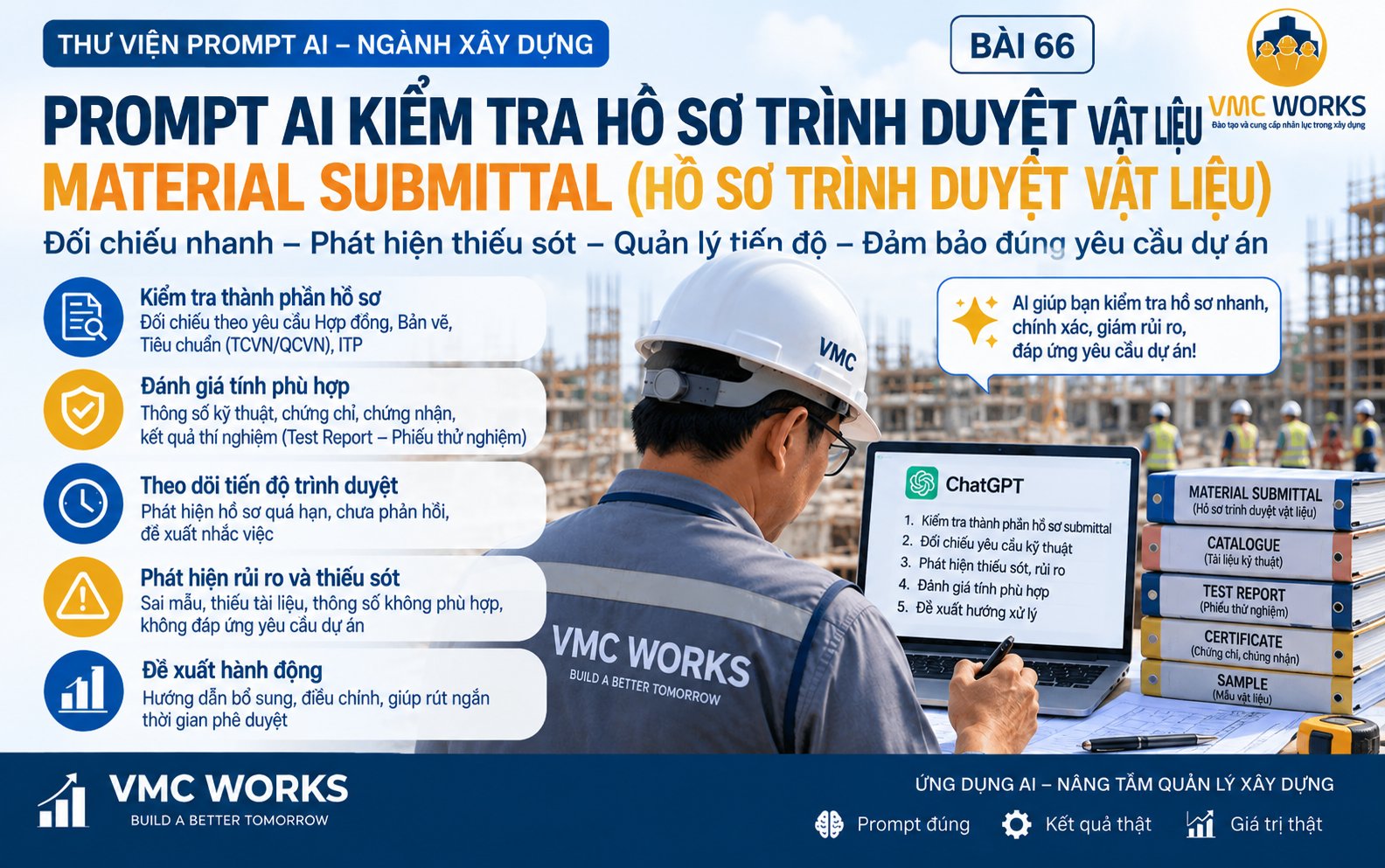 Bài 66 – Prompt AI kiểm tra Material Submittal (Hồ sơ trình duyệt vật liệu), theo dõi từ trình duyệt đến được phép sử dụng
