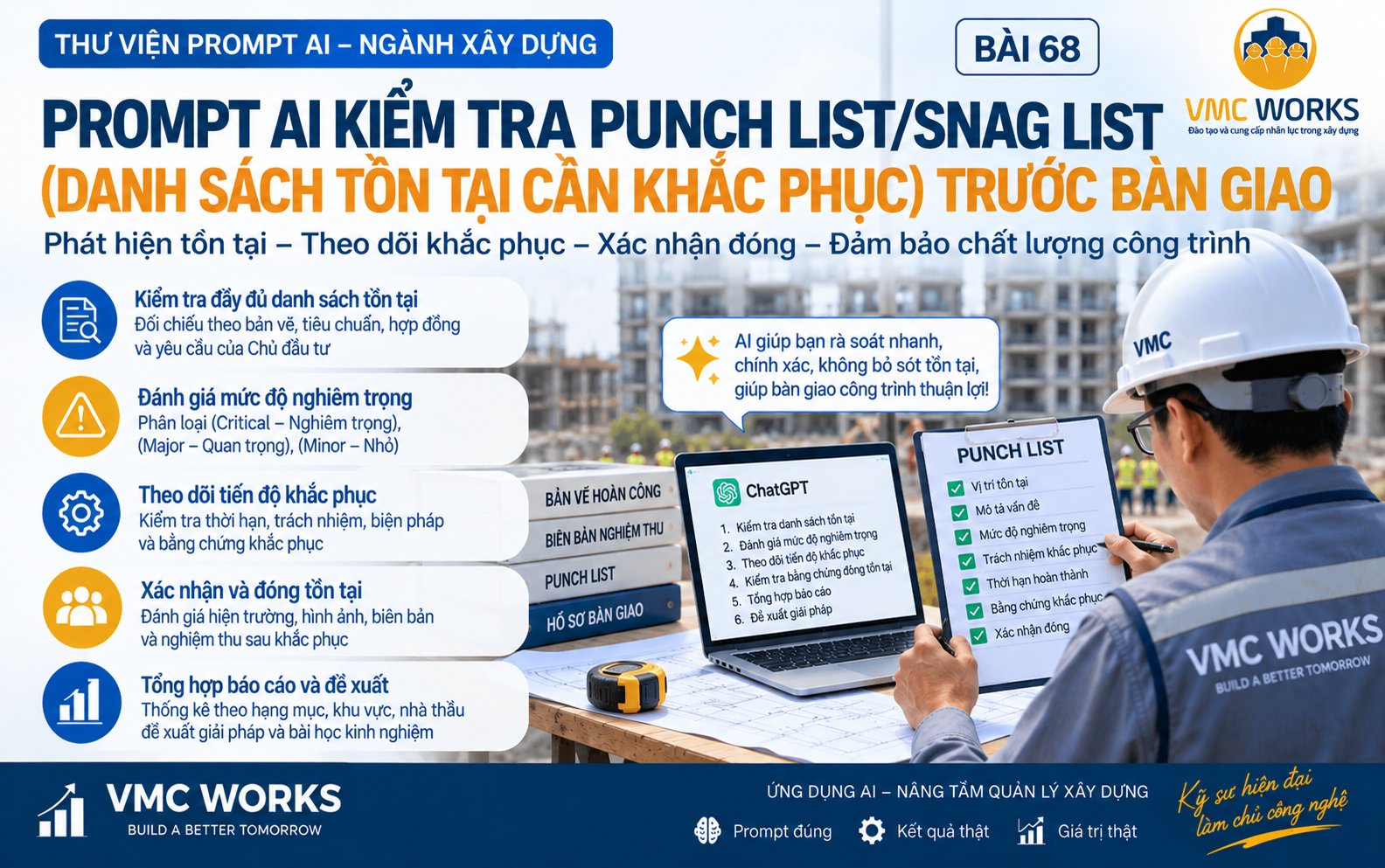 Bài 68 – Prompt AI kiểm tra Punch List/Snag List (Danh sách tồn tại cần khắc phục) trước bàn giao