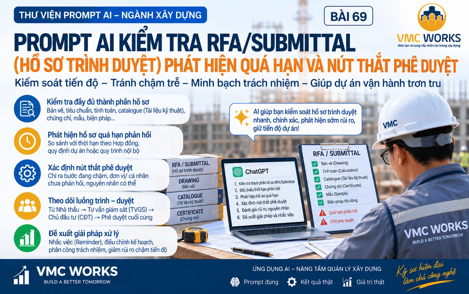 Bài 69 – Prompt AI kiểm tra RFA/Submittal (Hồ sơ trình duyệt), phát hiện quá hạn phản hồi và nút thắt phê duyệt