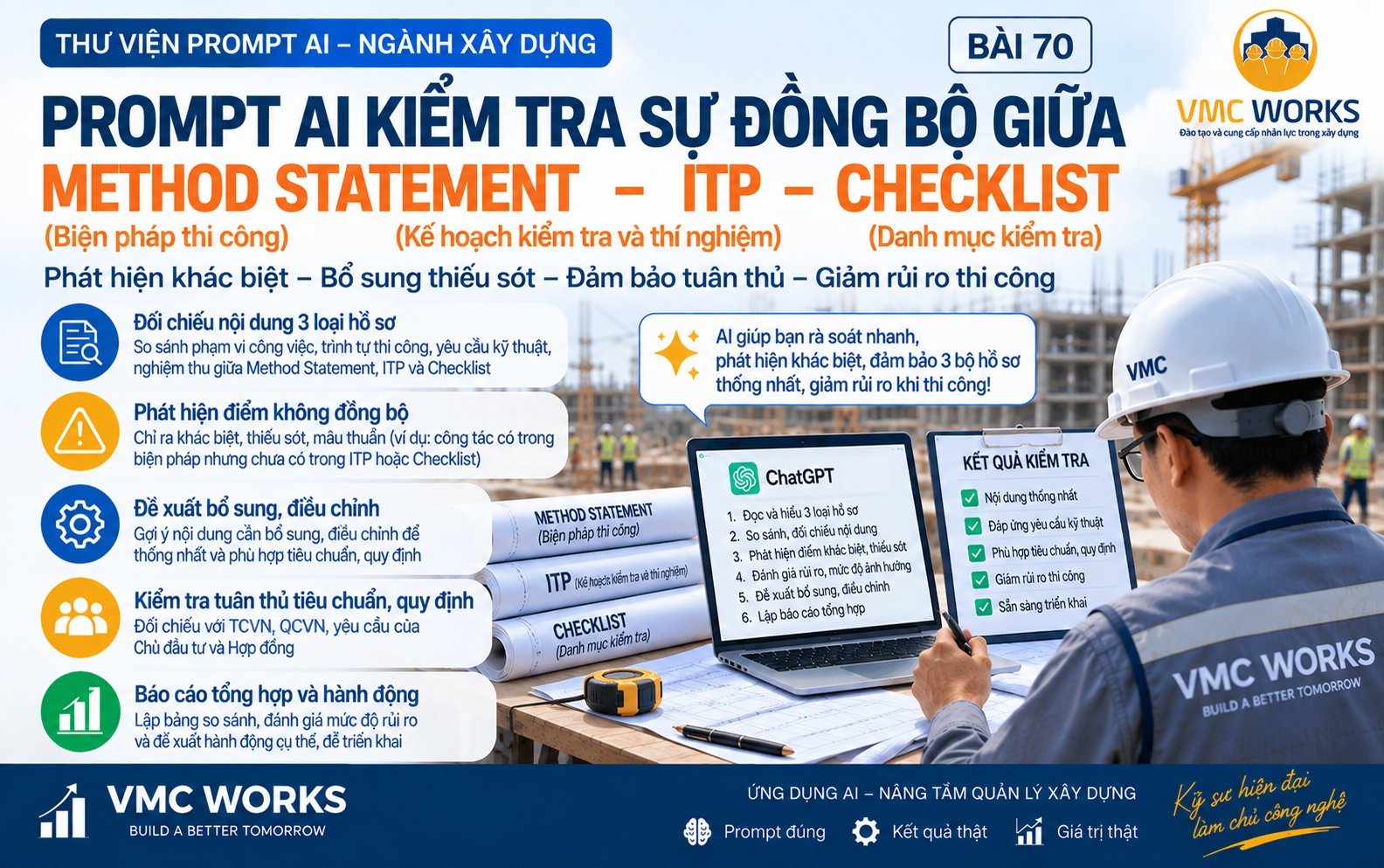 Bài 70 – Prompt AI kiểm tra đồng bộ Method Statement (Biện pháp thi công) – ITP (Kế hoạch kiểm tra và thí nghiệm) – Checklist (Danh mục kiểm tra)