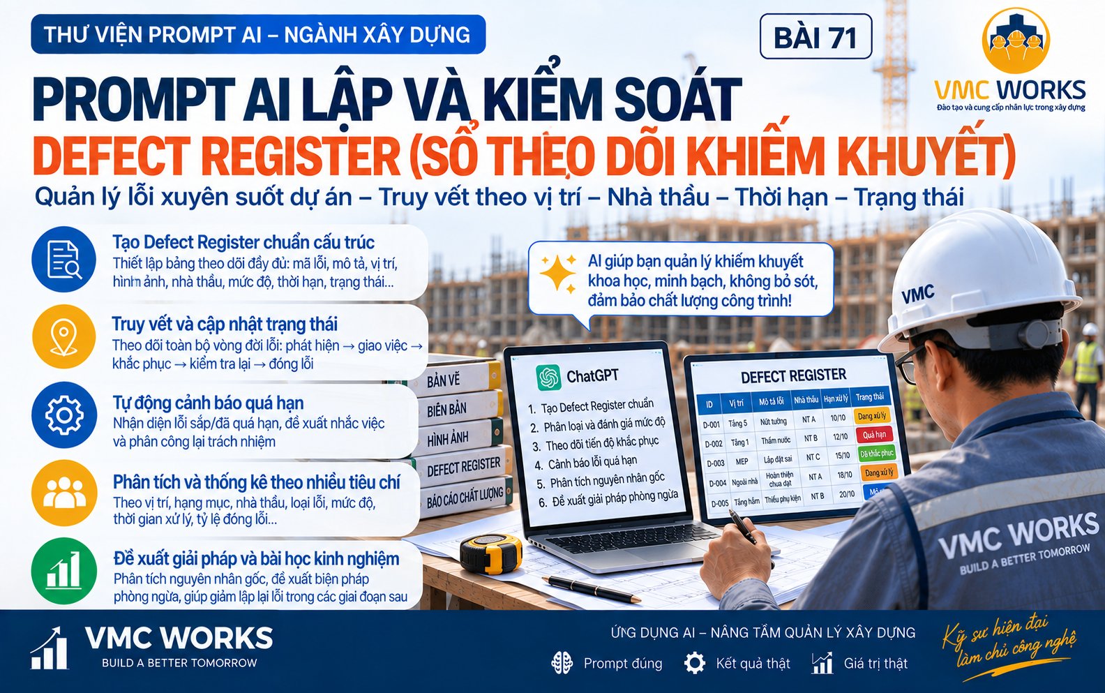 Bài 71 – Prompt AI lập và kiểm soát Defect Register (Sổ theo dõi khiếm khuyết), truy vết theo vị trí – nhà thầu – thời hạn – trạng thái