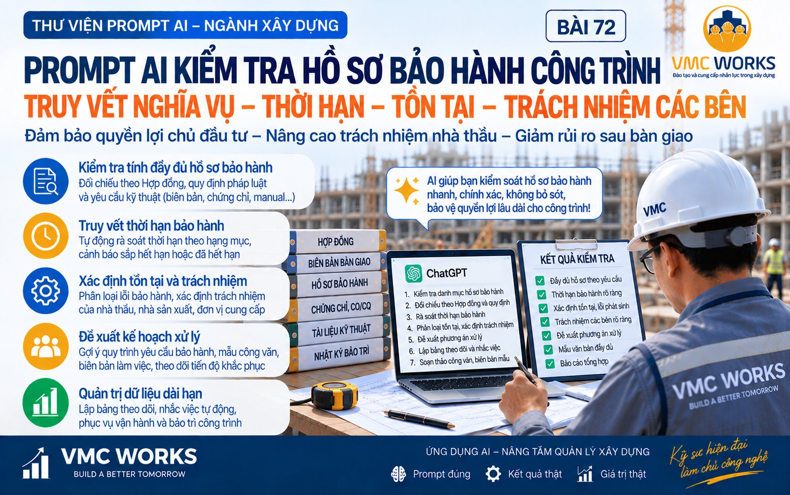 Bài 72 – Prompt AI kiểm tra hồ sơ bảo hành công trình, truy vết nghĩa vụ – thời hạn – tồn tại – trách nhiệm các bên