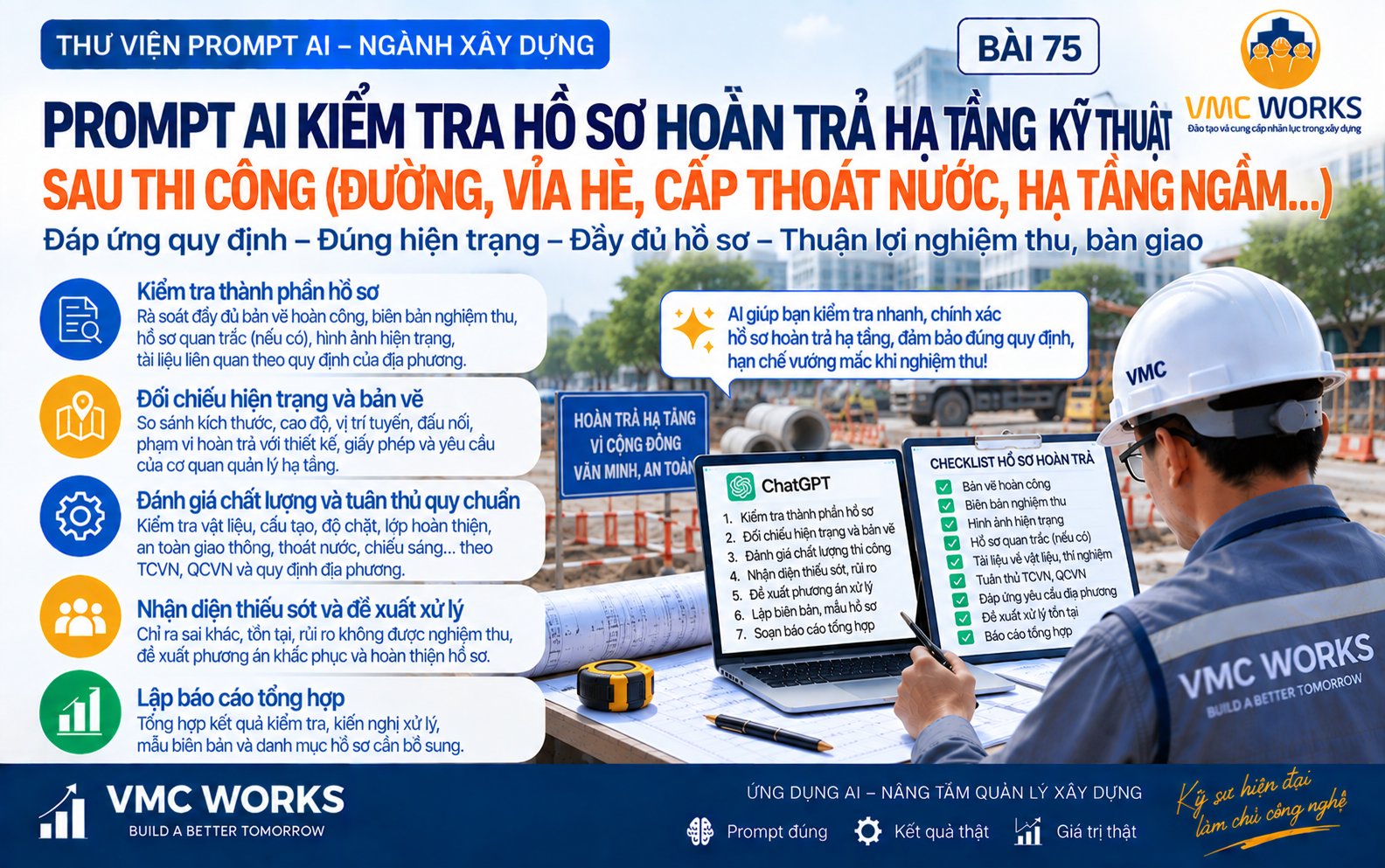 Bài 75 – Prompt AI kiểm tra hồ sơ hoàn trả hạ tầng kỹ thuật sau thi công