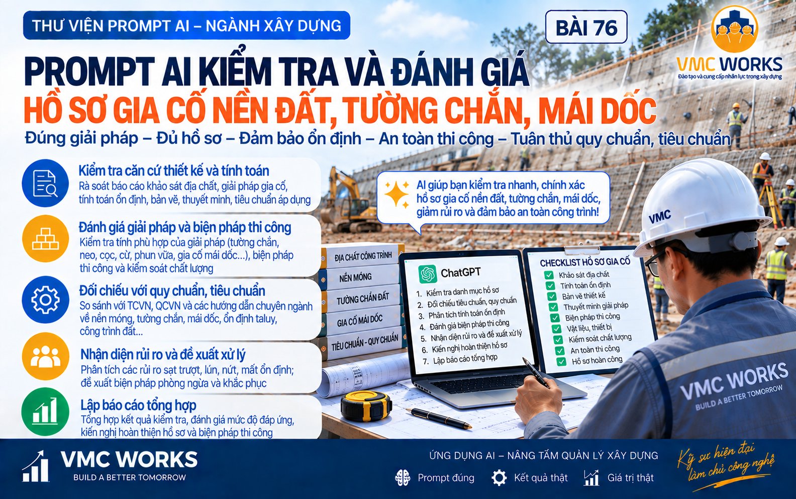 Bài 76 – Prompt AI kiểm tra hồ sơ gia cố mái dốc, taluy và tường chắn trước khi thi công