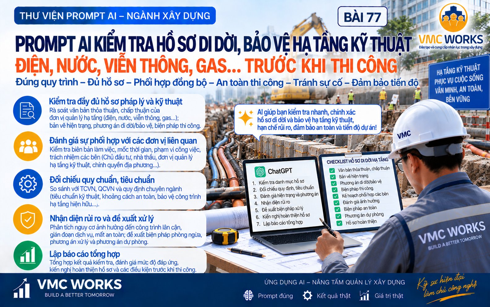 Bài 77 – Prompt AI kiểm tra hồ sơ di dời, bảo vệ hạ tầng kỹ thuật hiện hữu trước khi thi công