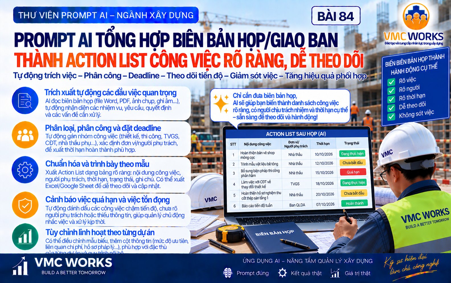 Bài 84 – Prompt AI biến biên bản họp/giao ban thành Action List (Danh sách hành động) để theo dõi đến khi đóng việc