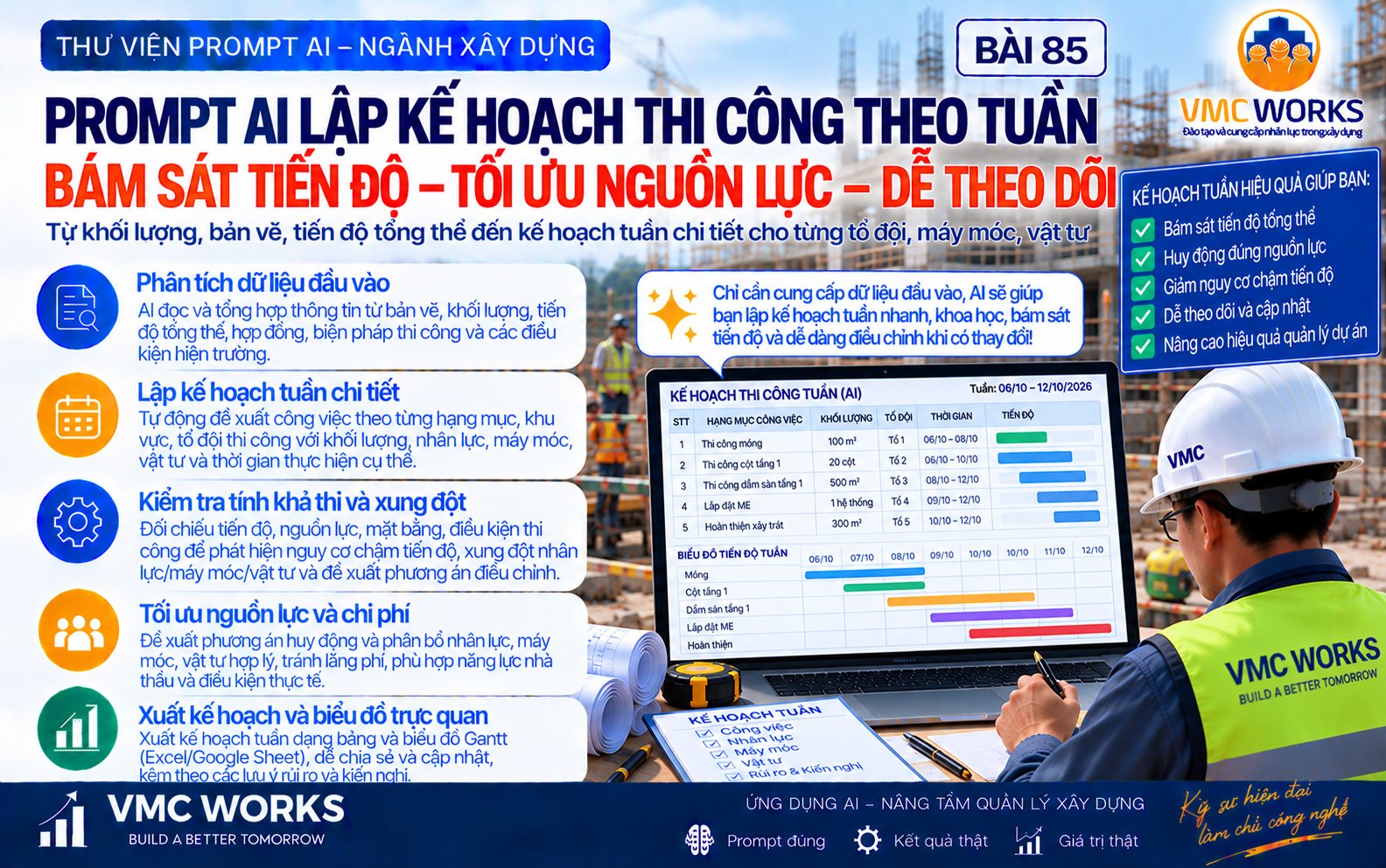 Bài 85 – Prompt AI lập kế hoạch thi công tuần từ tiến độ tổng thể và điều kiện thực tế công trường