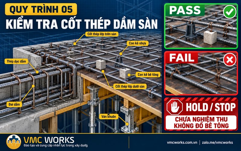 QUY TRÌNH 05 – KIỂM TRA CỐT THÉP DẦM SÀN TRƯỚC KHI ĐỔ BÊ TÔNG