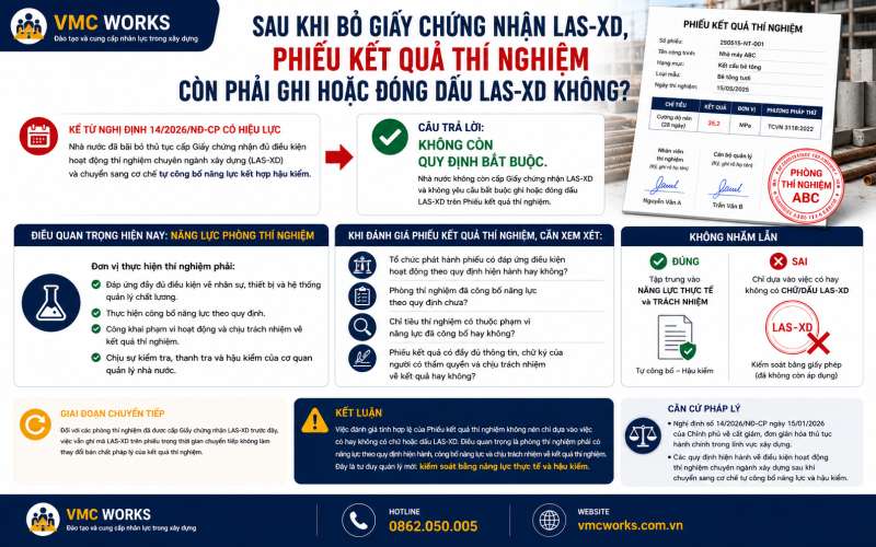 Sau khi bỏ Giấy chứng nhận LAS-XD, Phiếu kết quả thí nghiệm còn phải ghi hoặc đóng dấu LAS-XD không?