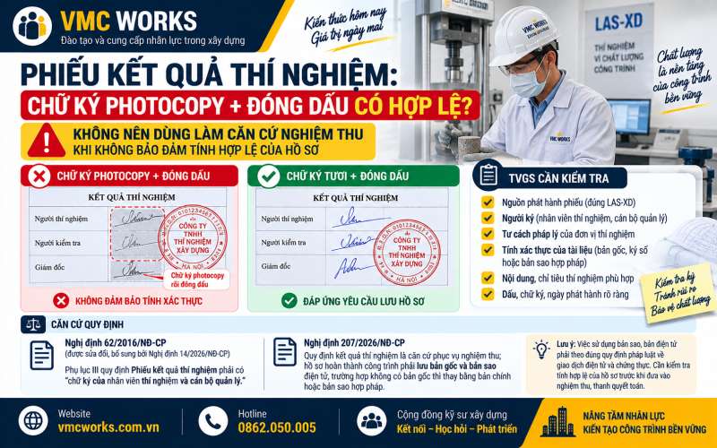Phiếu thí nghiệm dùng chữ ký photocopy rồi đóng dấu: Có đủ điều kiện nghiệm thu?