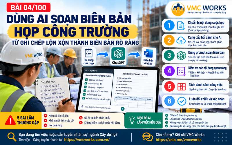 Bài 04/100 – Dùng AI soạn biên bản họp công trường: Từ ghi chép lộn xộn thành biên bản rõ ràng