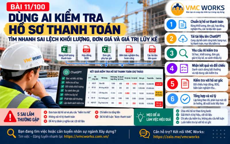 Bài 11/100 – Dùng AI kiểm tra hồ sơ thanh toán: Tìm nhanh sai lệch khối lượng, đơn giá và giá trị lũy kế