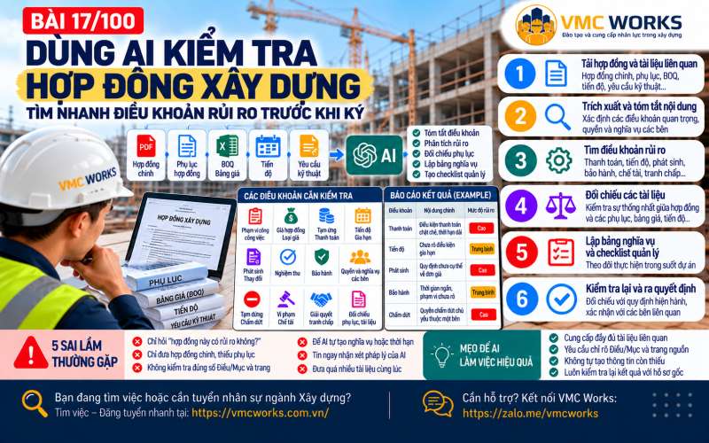 Bài 17/100 – Dùng AI kiểm tra hợp đồng xây dựng: Tìm nhanh điều khoản rủi ro trước khi ký