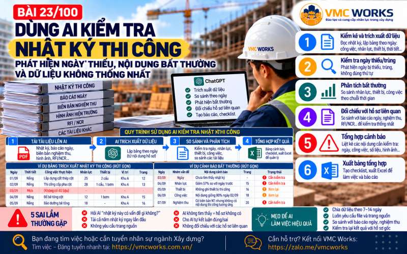 Bài 23/100 – Dùng AI kiểm tra nhật ký thi công: Phát hiện ngày thiếu, nội dung bất thường và dữ liệu không thống nhất