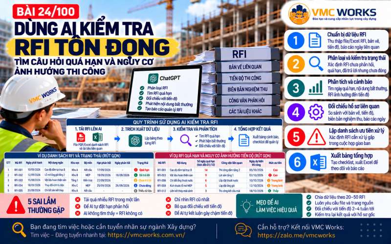Bài 24/100 – Dùng AI kiểm tra RFI tồn đọng: Tìm câu hỏi quá hạn và nguy cơ ảnh hưởng thi công