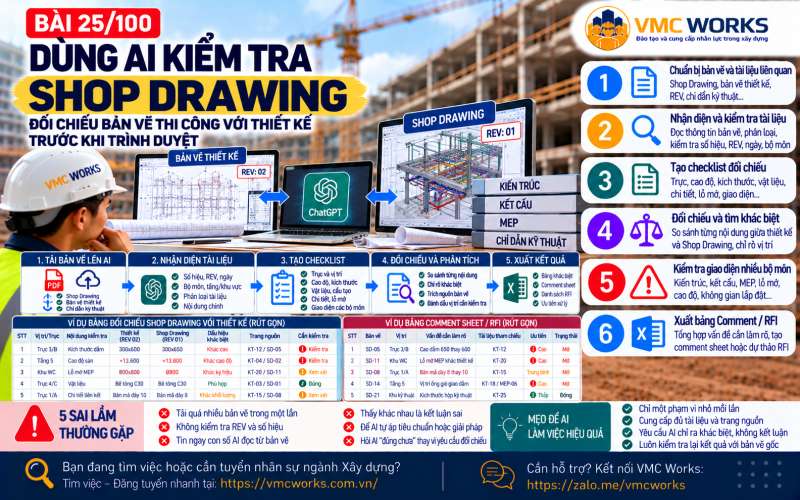 Bài 25/100 – Dùng AI kiểm tra Shop Drawing: Đối chiếu bản vẽ thi công với thiết kế trước khi trình duyệt