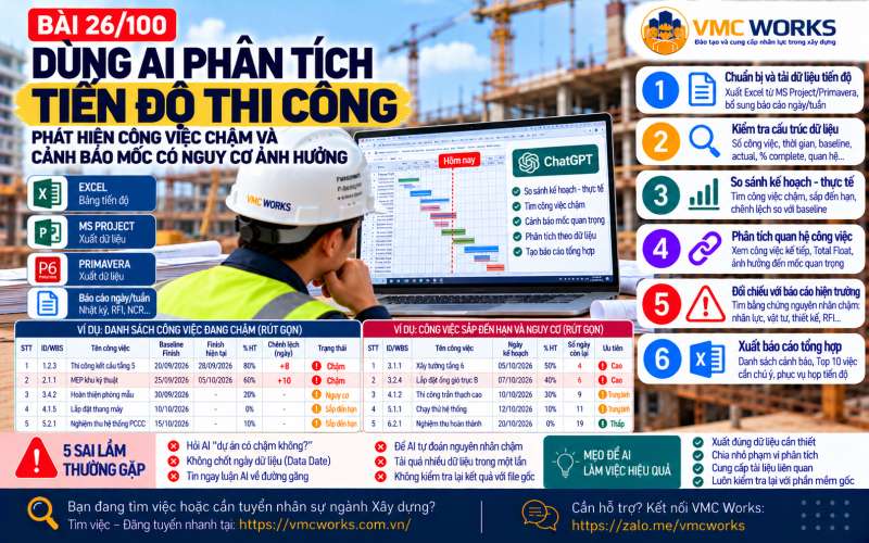 Bài 26/100 – Dùng AI phân tích tiến độ thi công: Phát hiện công việc chậm và cảnh báo mốc có nguy cơ ảnh hưởng