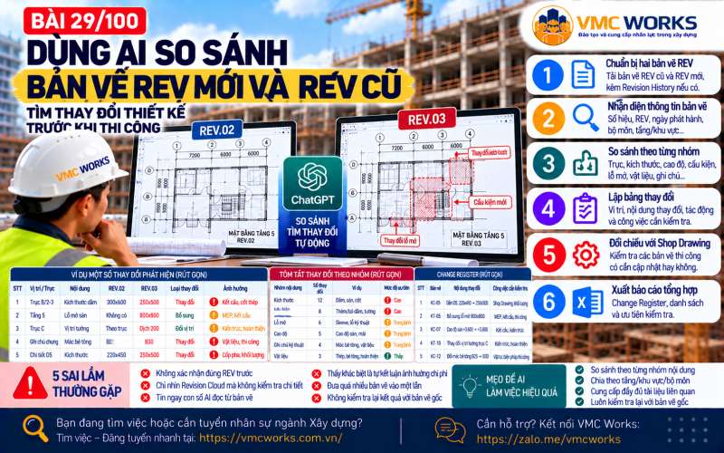 Bài 29/100 – Dùng AI so sánh bản vẽ REV mới và REV cũ: Tìm thay đổi thiết kế trước khi thi công