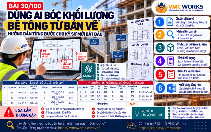 Bài 30/100 – Dùng AI bóc khối lượng bê tông từ bản vẽ: Hướng dẫn từng bước cho kỹ sư mới bắt đầu
