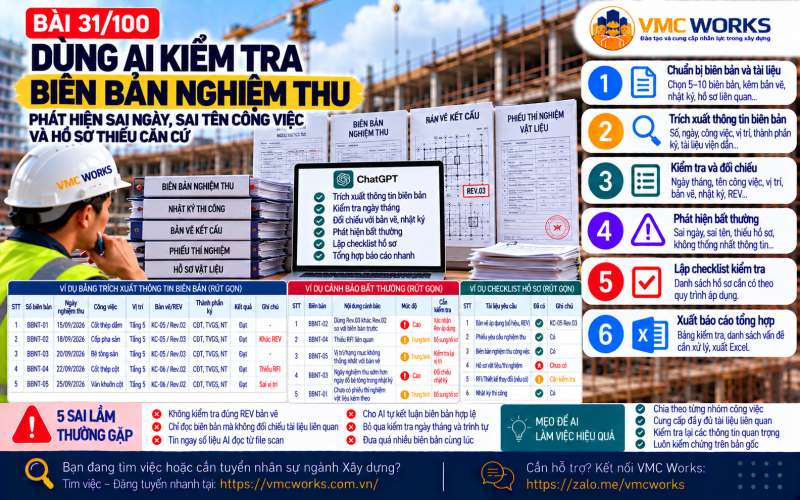 Bài 31/100 – Dùng AI kiểm tra biên bản nghiệm thu: Phát hiện sai ngày, sai tên công việc và hồ sơ thiếu căn cứ