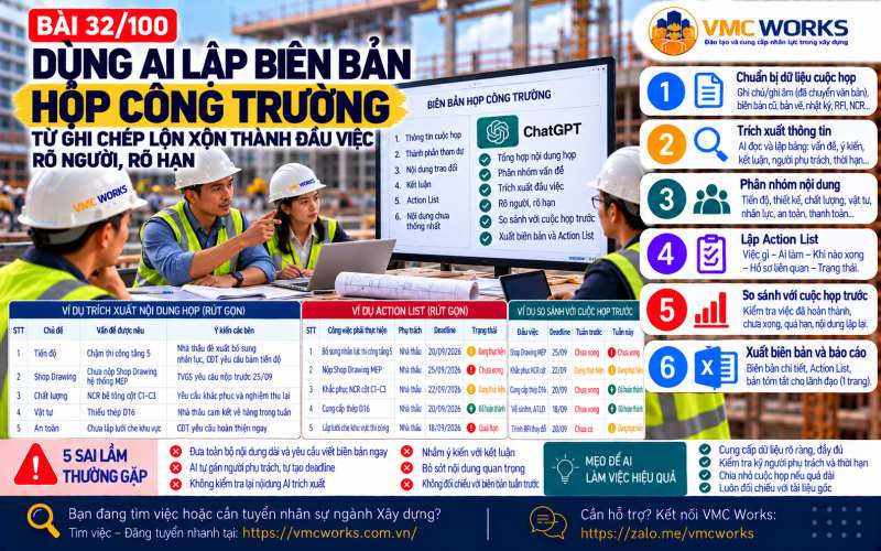 Bài 32/100 – Dùng AI lập biên bản họp công trường: Từ ghi chép lộn xộn thành đầu việc rõ người, rõ hạn