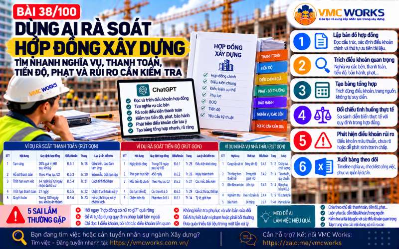 Bài 38/100 – Dùng AI rà soát hợp đồng xây dựng: Tìm nhanh nghĩa vụ, thanh toán, tiến độ, phạt và rủi ro cần kiểm tra