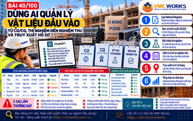 Bài 40/100 – Dùng AI quản lý vật liệu đầu vào: Từ CO/CQ, thí nghiệm đến nghiệm thu và truy xuất hồ sơ