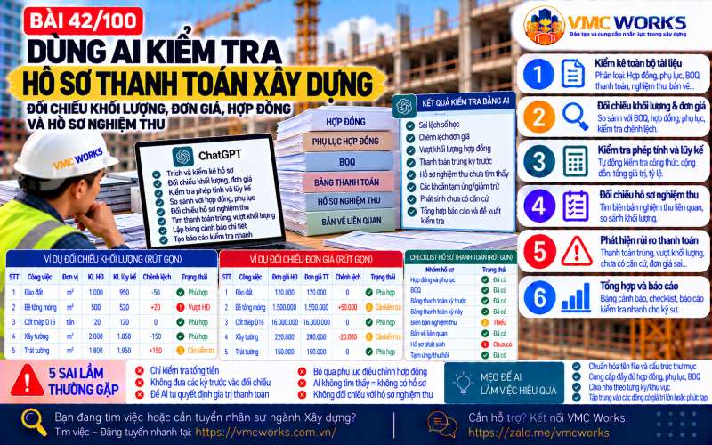 Bài 42/100 – Dùng AI kiểm tra hồ sơ thanh toán xây dựng: Đối chiếu khối lượng, đơn giá, hợp đồng và hồ sơ nghiệm thu