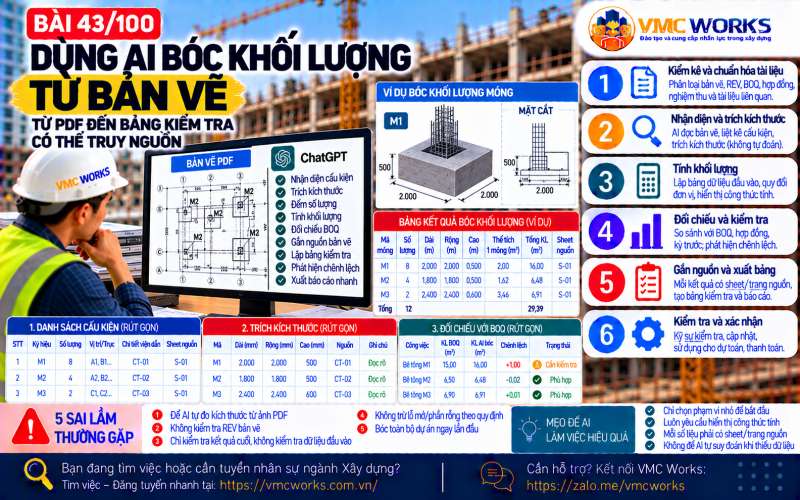 Bài 43/100 – Dùng AI bóc khối lượng từ bản vẽ: Từ PDF đến bảng kiểm tra có thể truy nguồn