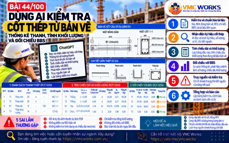 Bài 44/100 – Dùng AI kiểm tra cốt thép từ bản vẽ: Thống kê thanh, tính khối lượng và đối chiếu BBS