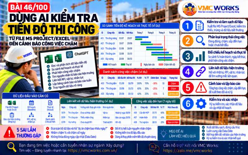 Bài 46/100 – Dùng AI kiểm tra tiến độ thi công: Từ file MS Project/Excel đến cảnh báo công việc chậm
