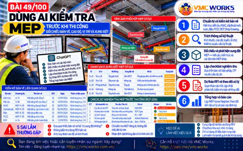 Bài 49/100 – Dùng AI kiểm tra MEP trước khi thi công: Đối chiếu bản vẽ, cao độ, vị trí và xung đột