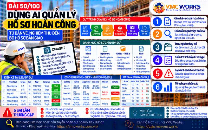 Bài 50/100 – Dùng AI quản lý hồ sơ hoàn công: Từ bản vẽ, nghiệm thu đến bộ hồ sơ bàn giao