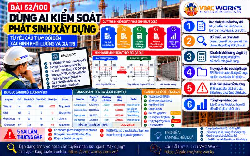 Bài 52/100 – Dùng AI kiểm soát phát sinh xây dựng: Từ yêu cầu thay đổi đến xác định khối lượng và giá trị