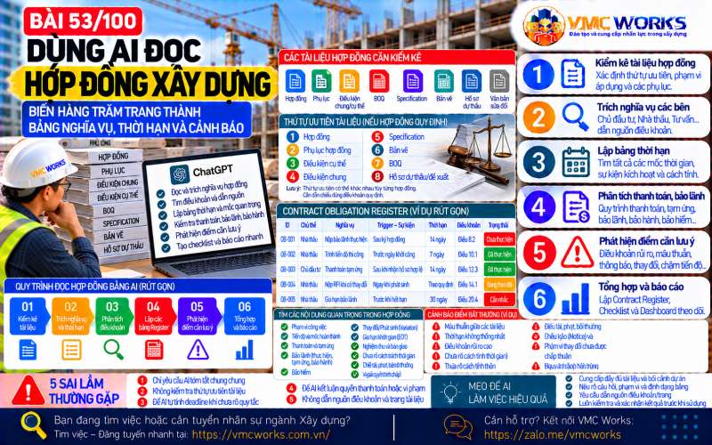 Bài 53/100 – Dùng AI đọc hợp đồng xây dựng: Biến hàng trăm trang thành bảng nghĩa vụ, thời hạn và cảnh báo