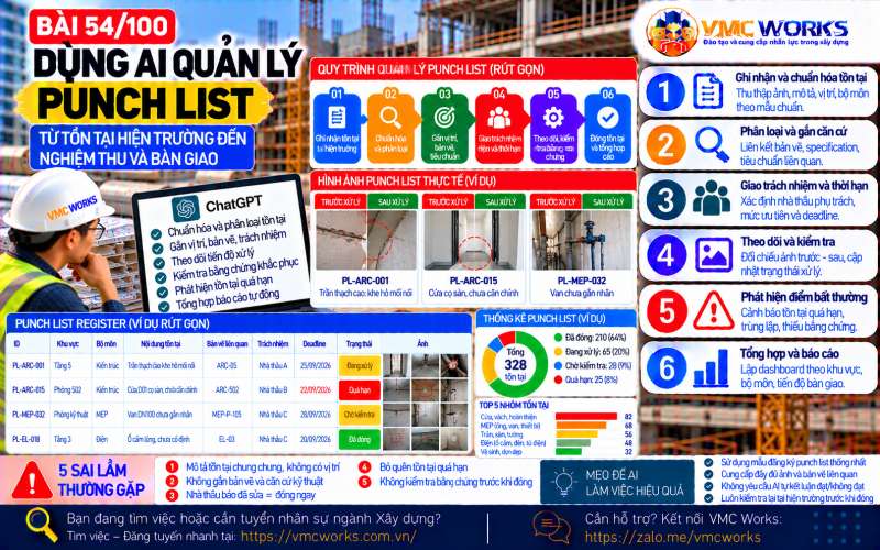 Bài 54/100 – Dùng AI quản lý Punch List: Từ tồn tại hiện trường đến nghiệm thu và bàn giao