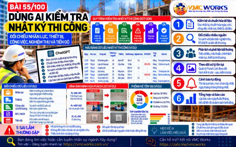 Bài 55/100 – Dùng AI kiểm tra nhật ký thi công: Đối chiếu nhân lực, thiết bị, công việc, nghiệm thu và tiến độ