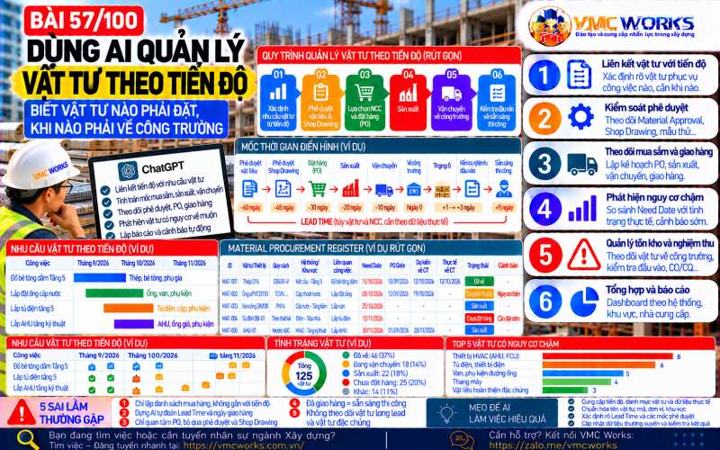 Bài 57/100 – Dùng AI kiểm soát vật tư theo tiến độ: Biết vật tư nào phải đặt, khi nào phải về công trường