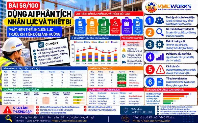 Bài 58/100 – Dùng AI phân tích nhân lực và thiết bị công trường: Phát hiện thiếu nguồn lực trước khi ảnh hưởng tiến độ