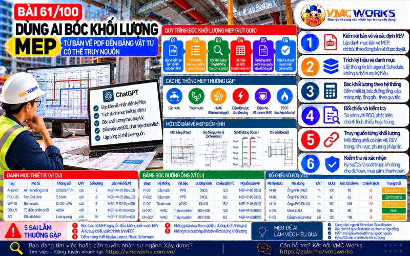Bài 61/100 – Dùng AI bóc khối lượng MEP: Từ bản vẽ PDF đến bảng vật tư có thể truy nguồn