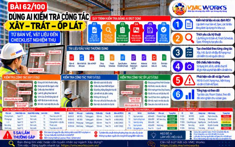 Bài 62/100 – Dùng AI kiểm tra công tác xây – trát – ốp lát: Từ bản vẽ, vật liệu đến checklist nghiệm thu