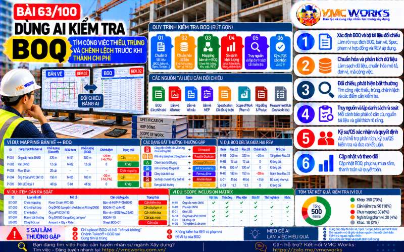 Bài 63/100 – Dùng AI kiểm tra BOQ: Tìm công việc thiếu, trùng và chênh lệch trước khi thành chi phí