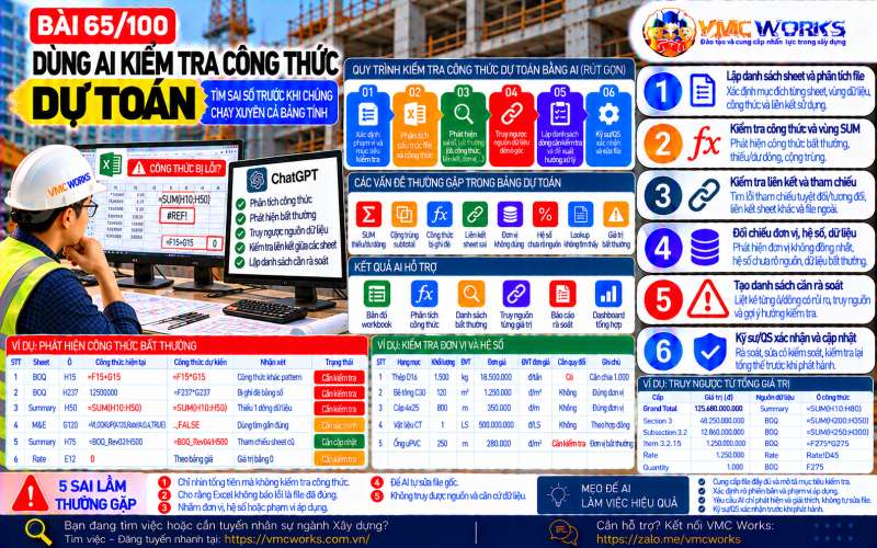 Bài 65/100 – Dùng AI kiểm tra công thức dự toán: Tìm sai số trước khi chúng chạy xuyên cả bảng tính