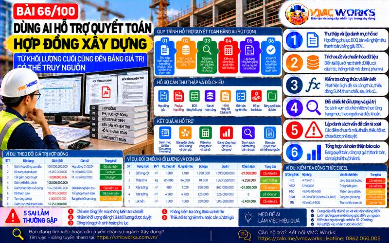 Bài 66/100 – Dùng AI hỗ trợ quyết toán hợp đồng xây dựng: Từ khối lượng cuối cùng đến bảng giá trị có thể truy nguồn
