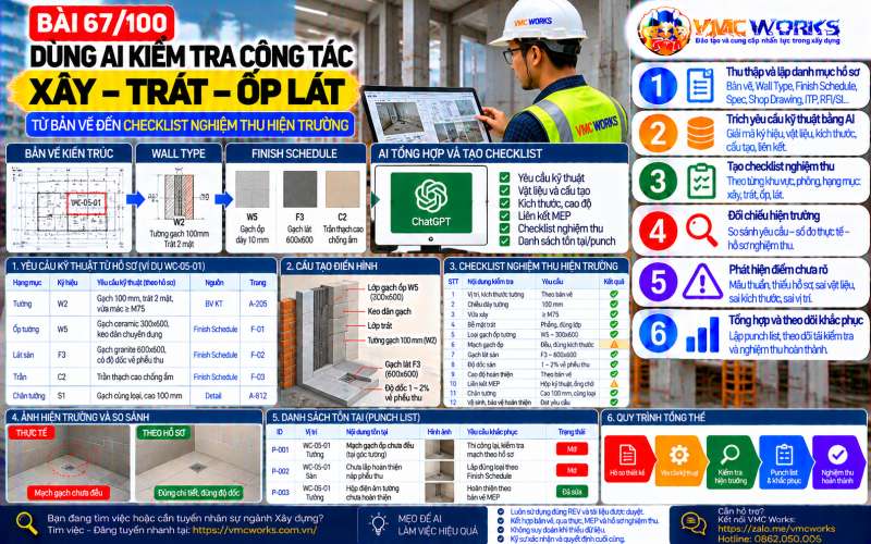Bài 67/100 – Dùng AI kiểm tra công tác xây – trát – ốp lát: Từ bản vẽ đến checklist nghiệm thu hiện trường