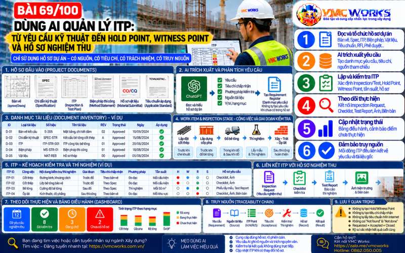 Bài 69/100 – Dùng AI quản lý ITP: Từ yêu cầu kỹ thuật đến Hold Point, Witness Point và hồ sơ nghiệm thu