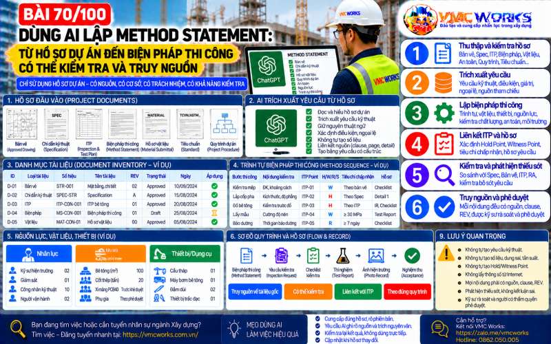 Bài 70/100 – Dùng AI lập Method Statement: Từ hồ sơ dự án đến biện pháp thi công có thể kiểm tra và truy nguồn