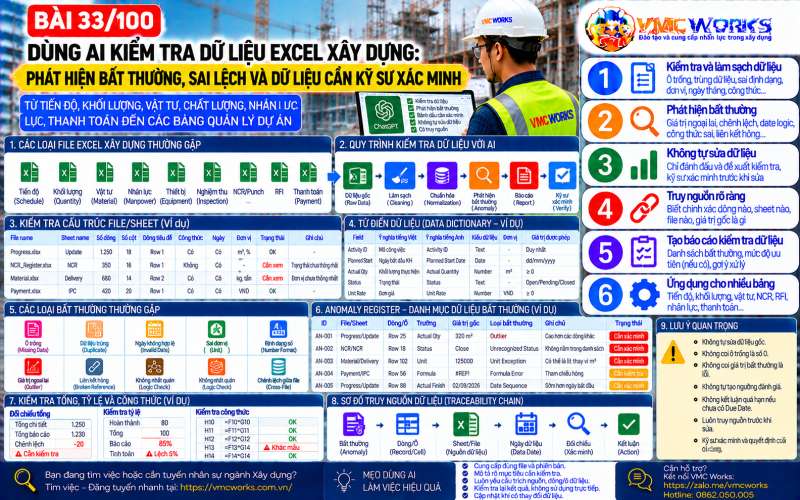 Bài 33/100 – Dùng AI kiểm tra dữ liệu Excel xây dựng: Phát hiện bất thường, sai lệch và dữ liệu cần kỹ sư xác minh