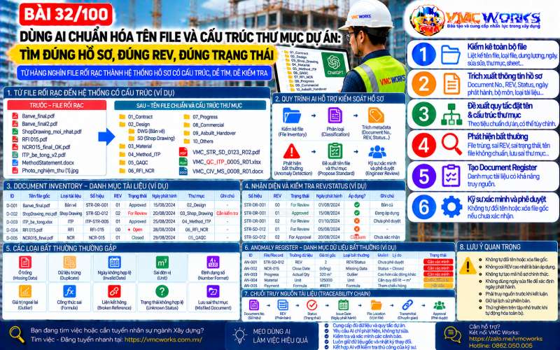 Bài 32/100 – Dùng AI chuẩn hóa tên file và cấu trúc thư mục dự án: Tìm đúng hồ sơ, đúng REV, đúng trạng thái