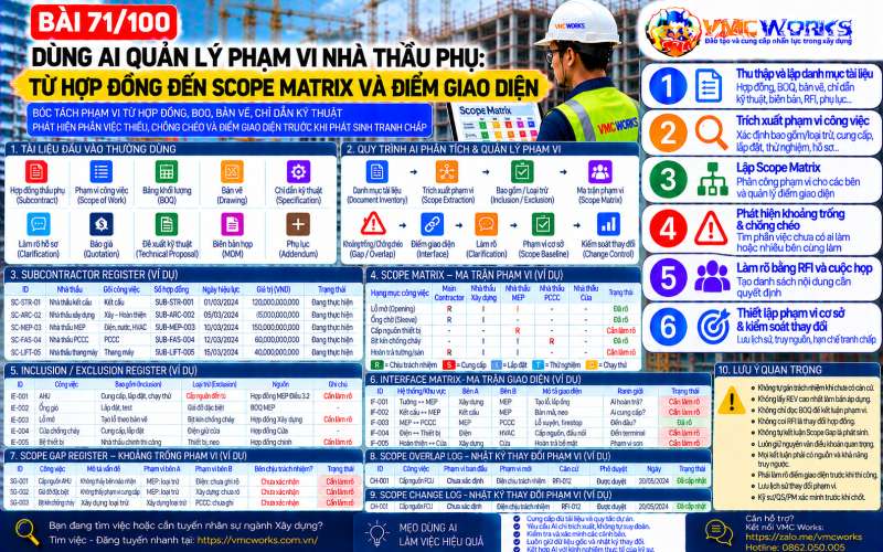 Bài 71/100 – Dùng AI quản lý phạm vi nhà thầu phụ: Từ hợp đồng đến Scope Matrix và điểm giao diện